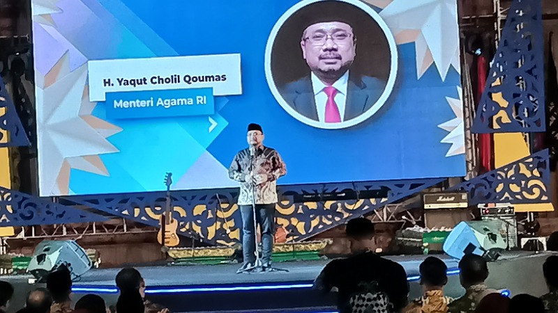 Menteri Agama Yaqut Cholil Qoumas saat memberikan sambutan di acara penganugerahan IKALUIN Award 2022 di Auditorium Harun Nasution UIN Jakarta/Ist
