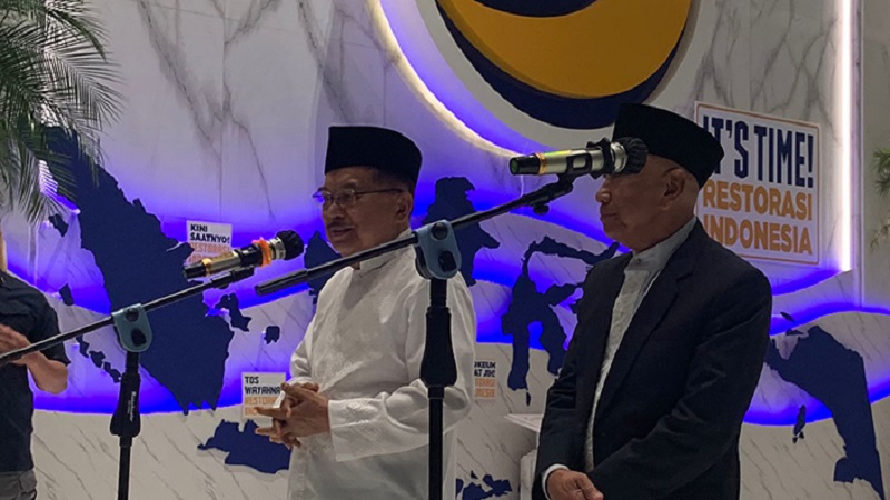 Mantan Wakil Presiden RI Jusuf Kalla saat memberikan keterangan pers usai Bukber di Nasdem Tower/Repro