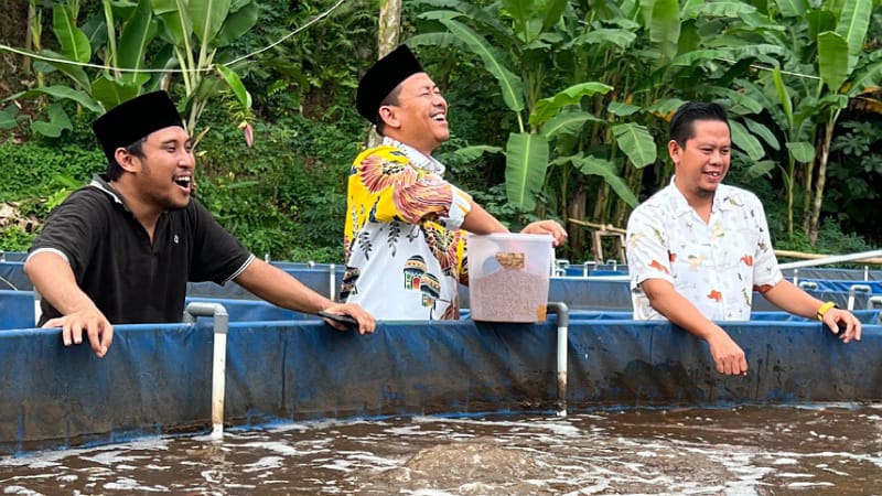 Ketua Umum Serikat Nelayan Nahdlatul Ulama, Witjak (tengah) memberikan makanan ikan sebelum panen Ikan Nila Merah. (Foto: Gus Zaim)