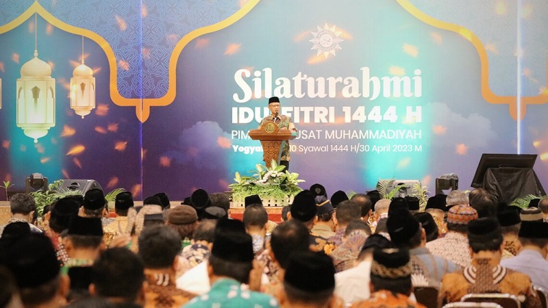 Ketua Umum PP Muhammadiyah Haedar Nashir di acara Silaturahmi Idul Fitri 1444 H di Universitas Muhammadiyah Yogyakarta (UMY), Minggu (30/4). (Foto: Dok. Muhammadiyah)
