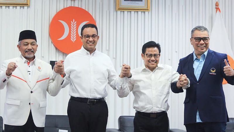 Dari kiri ke kanan: Presiden PKS Ahmad Syaikhu, Bacapres Anies Baswedan, Ketum PKB yang juga Bacawapres Muhaimin Iskandar dan Wakil Ketua Umum Nasdem Ahmad Ali dalam silaturami kebangsaan di DPP PKS. (Foto: Ist)
