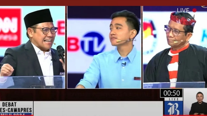 Debat cawapres pada Jumat 22 Desember 2023, (dari kiri) Muhaimin Iskandar, Gibran Rakabuming Raka, dan Mahfud Md.-Screenshot Youtube-