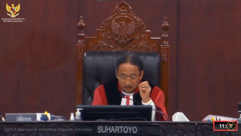 Hakim Konstitusi yang juga Ketua Mahkamah Konstitusi Suhartoyo saat persidangan PHPU sengketa Pilpres 2024. (Foto: Repro)