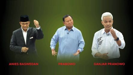 Tiga Capres; Anies Baswedan, Prabowo Subianto, dan Ganjar Pranowo para debat pertama Capres. (Foto: Repro)